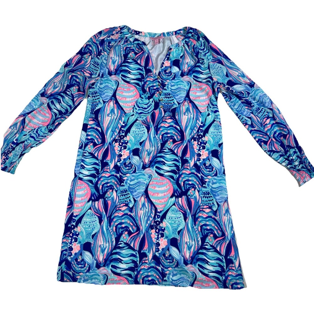 Lilly Pulitzer Brynle Dress Twilight Blue Gold Buttons Smocked Sleeves Womens XS